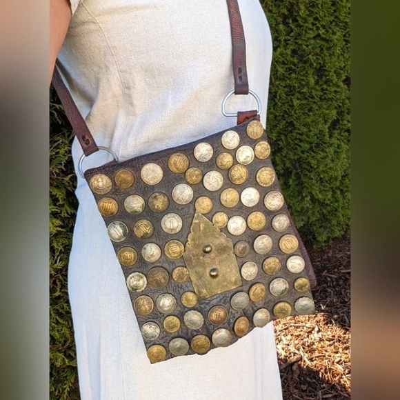 Vintage Collectible 1800s Moroccan Berber Leather Water Seller Bag Purse W Coins